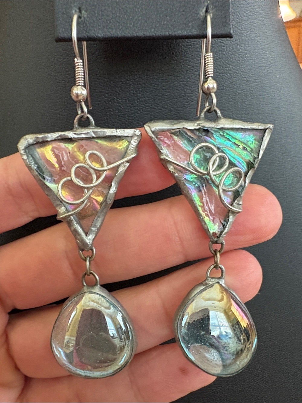 Artisan Handmade Dichroic Glass Iridescent Stained Glass Dangle Earrings OOAK - Picture 3 of 9